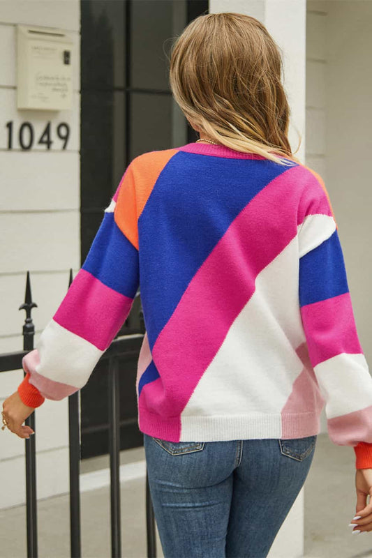 Color Block Round Neck Long Sleeve Sweater - Trendsi