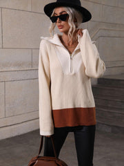 Color Block Half-Zip Dropped Shoulder Knit Pullover - Trendsi