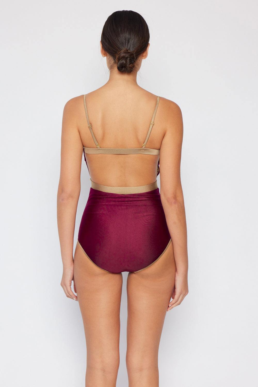 Marina West Swim Wave Break Contrast Trim One-Piece in Wine - Flyclothing LLC