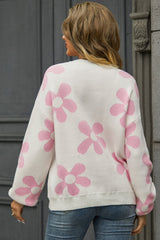 Floral Print Round Neck Dropped Shoulder Pullover Sweater - Flyclothing LLC