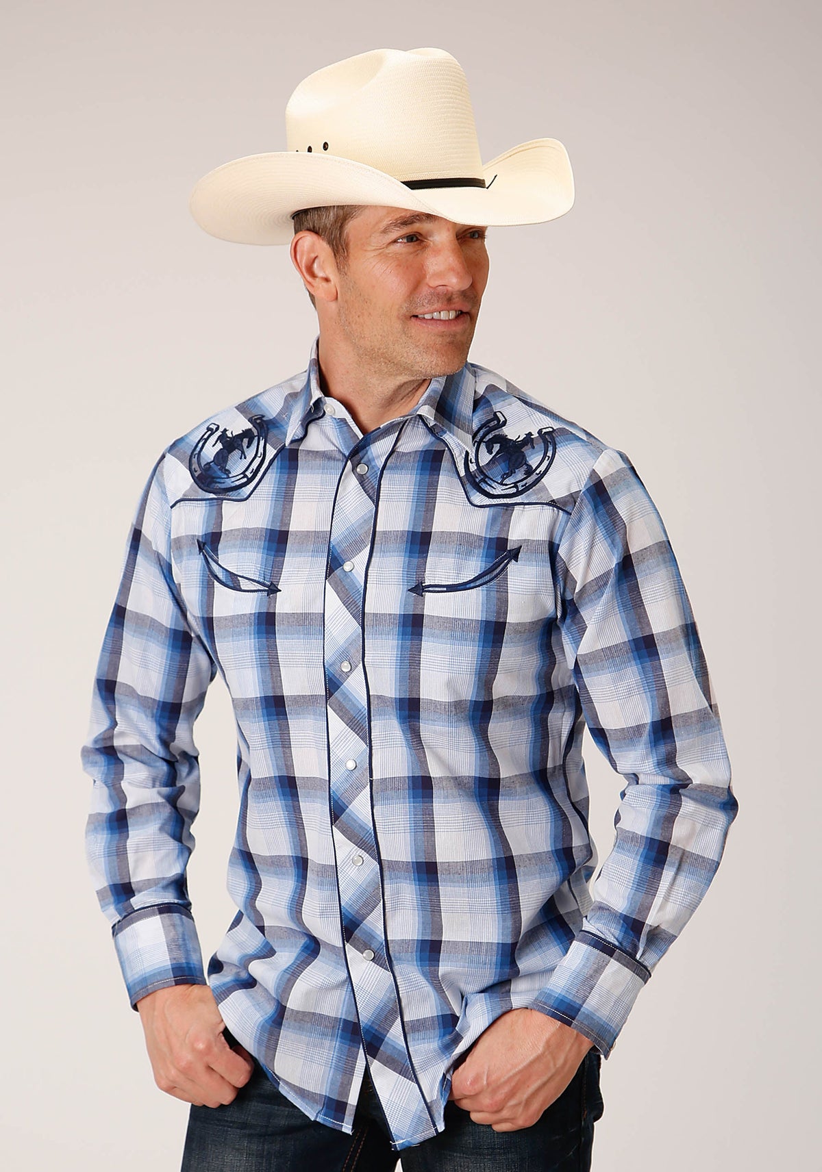 Roper Mens Long Sleeve Snap Multi Blue White Plaid Western Shirt