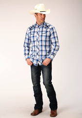 Roper Mens Long Sleeve Snap Multi Blue White Plaid Western Shirt