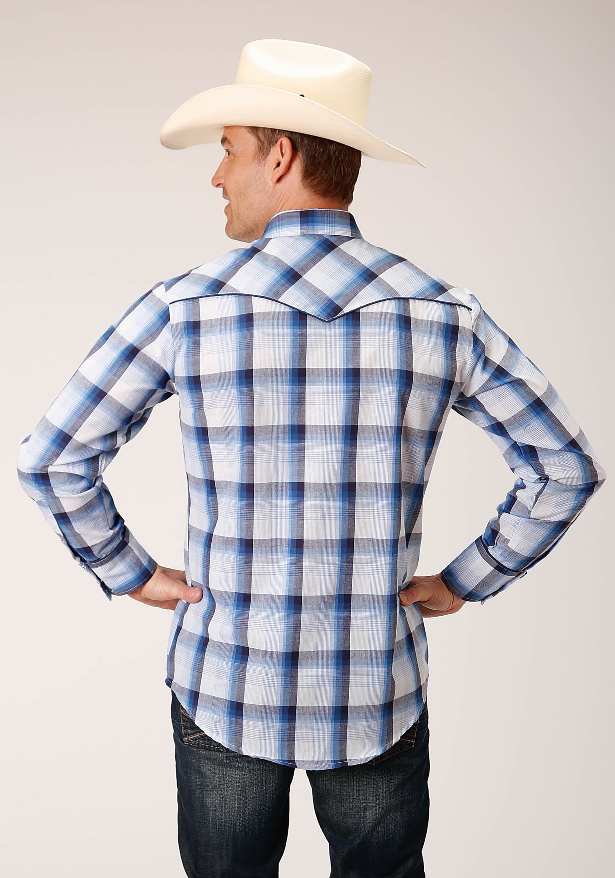 Roper Mens Long Sleeve Snap Multi Blue White Plaid Western Shirt