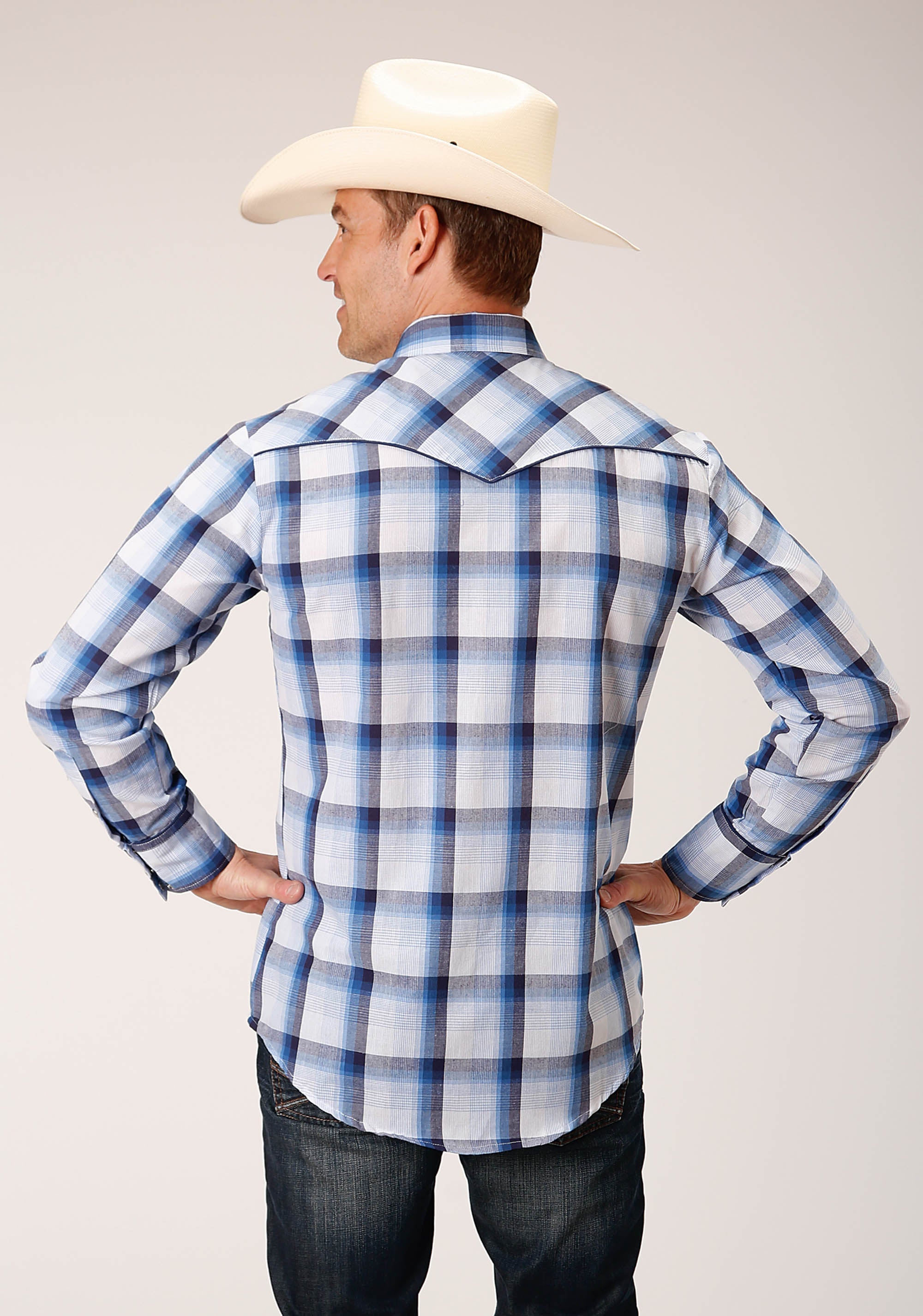 Roper Mens Long Sleeve Snap Multi Blue White Plaid Western Shirt - Flyclothing LLC