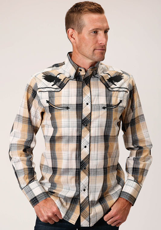 Roper Mens Long Sleeve Snap Black Khaki White Plaid Western Shirt