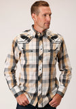 Roper Mens Long Sleeve Snap Black Khaki White Plaid Western Shirt