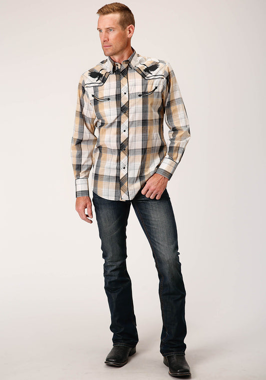 Roper Mens Long Sleeve Snap Black Khaki White Plaid Western Shirt - Flyclothing LLC