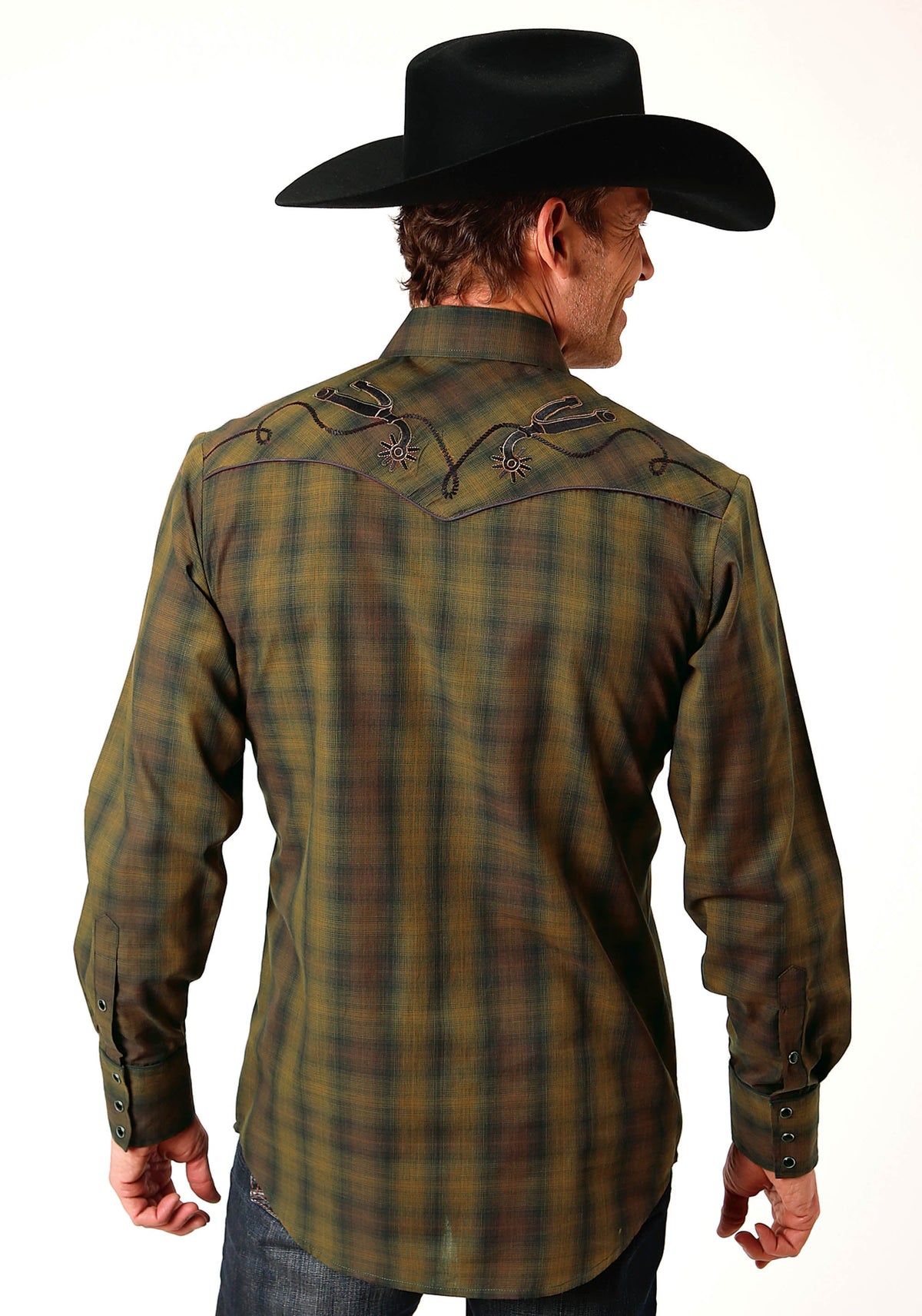 Roper Mens Long Sleeve Snap Black Gold Plaid Western Shirt