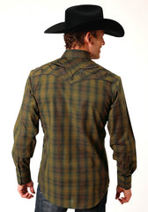 Roper Mens Long Sleeve Snap Black Gold Plaid Western Shirt