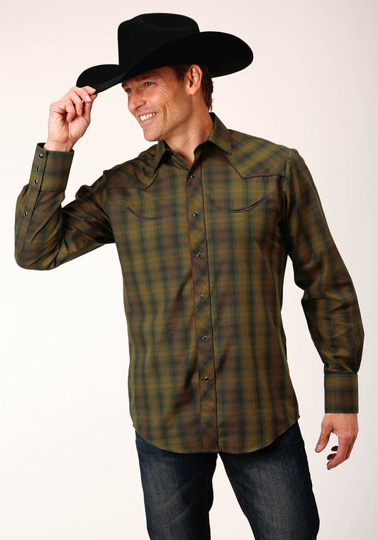 Roper Mens Long Sleeve Snap Black Gold Plaid Western Shirt - Flyclothing LLC