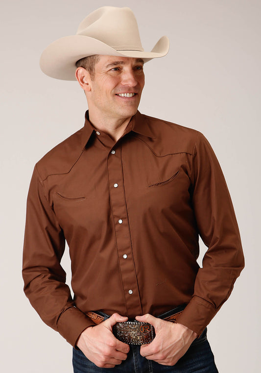 Roper Mens Long Sleeve Snap Solid Warm Browm Broadcloth Western Shirt - Flyclothing LLC