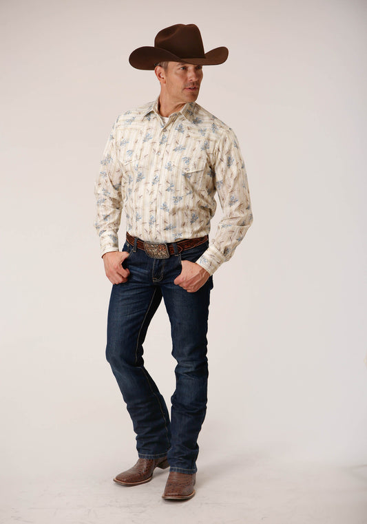 Roper Mens Long Sleeve Snap Vintage Wheat Print Western Shirt - Flyclothing LLC