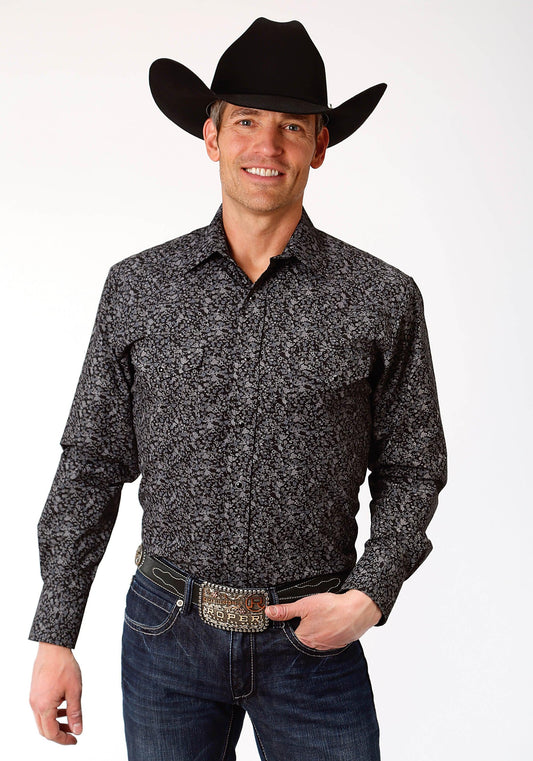 ROPER MENS BLACK AND GREY FLORAL PRINT LONG SLEEVE SNAP WESTERN SHIRT - Flyclothing LLC