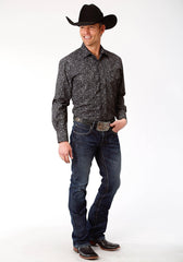 ROPER MENS BLACK AND GREY FLORAL PRINT LONG SLEEVE SNAP WESTERN SHIRT - Flyclothing LLC