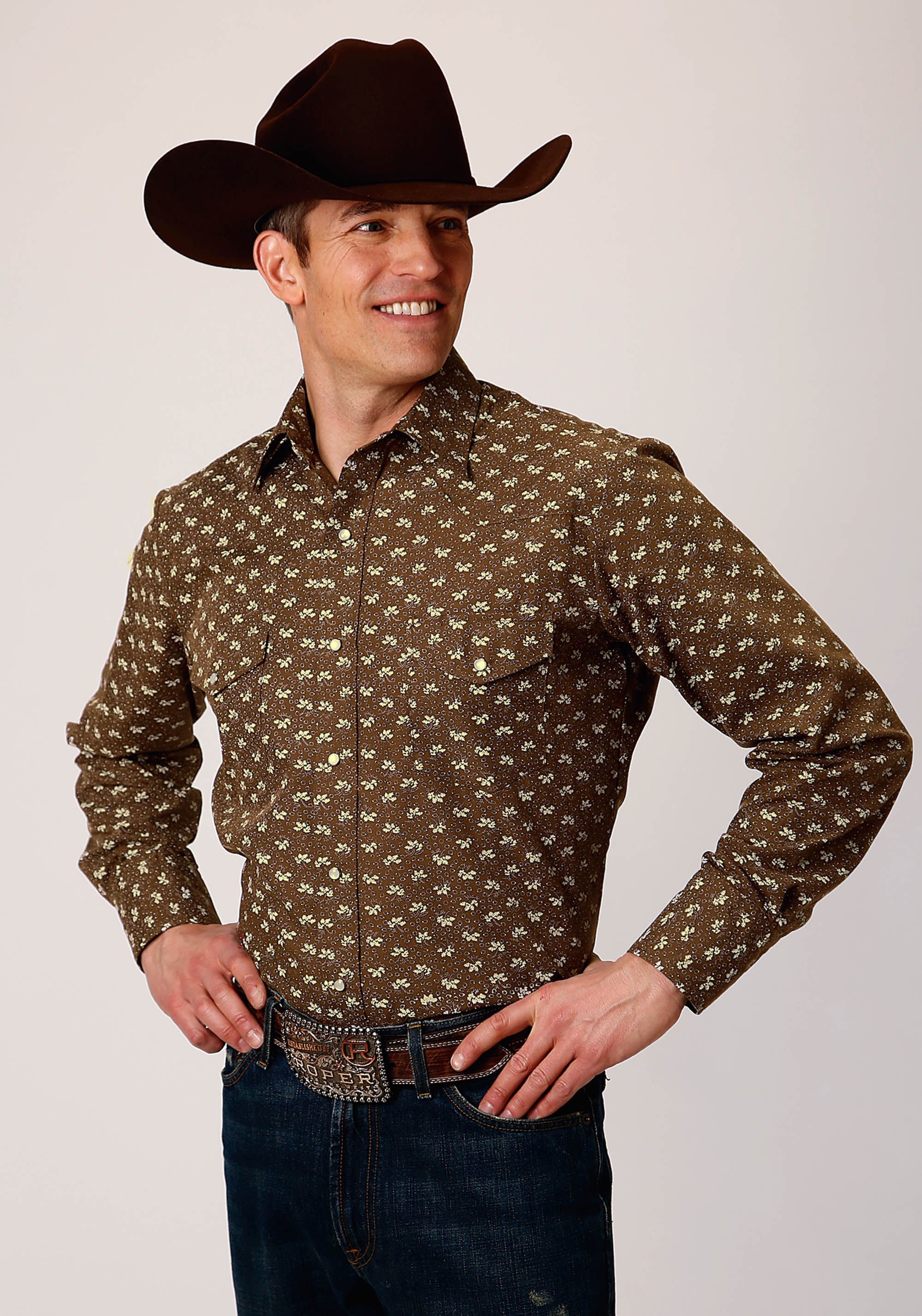 Roper Mens Brown And Cream Leaf Print Long Sleeve Snap Western Shirt