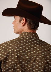 Roper Mens Brown And Cream Leaf Print Long Sleeve Snap Western Shirt - Flyclothing LLC