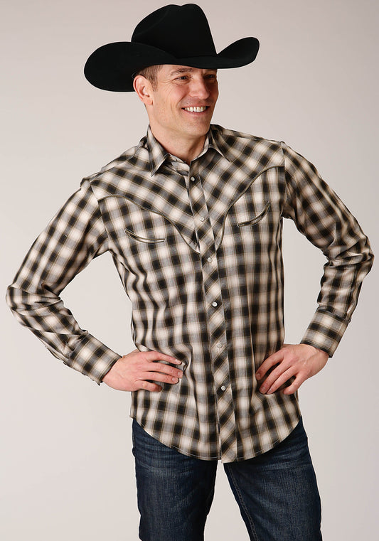 Roper Mens Long Sleeve Snap Black Cream And Olive Plaid Western Shirt - Flyclothing LLC