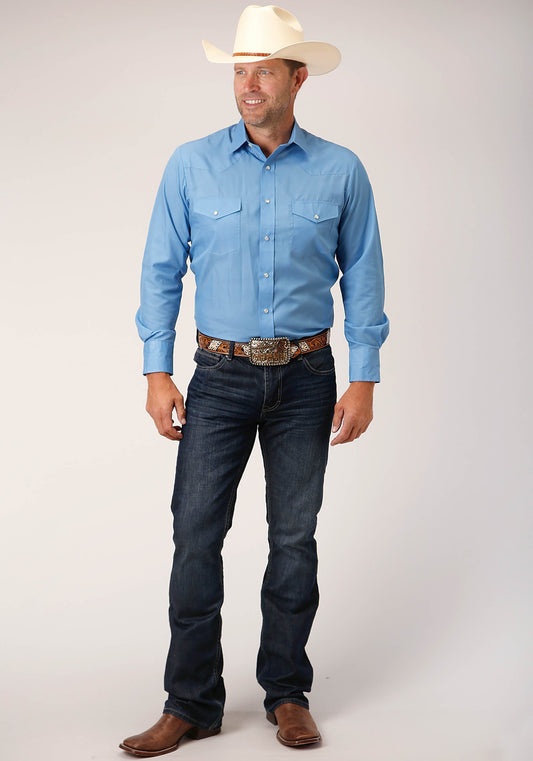 Roper Mens Long Sleeve Snap Solid Broadcloth Heritage Blue Western Shirt - Flyclothing LLC