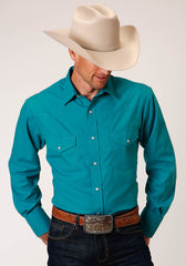 Roper Mens Long Sleeve Snap Solid Broadcloth Teal Western Shirt