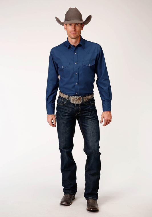 Roper Mens Long Sleeve Snap Solid Broadcloth Denim Blue Western Shirt - Flyclothing LLC