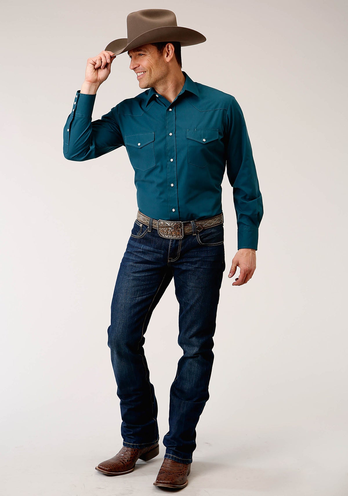 Roper Mens Long Sleeve Snap Solid Broadcloth Deep Teal Western Shirt - Flyclothing LLC