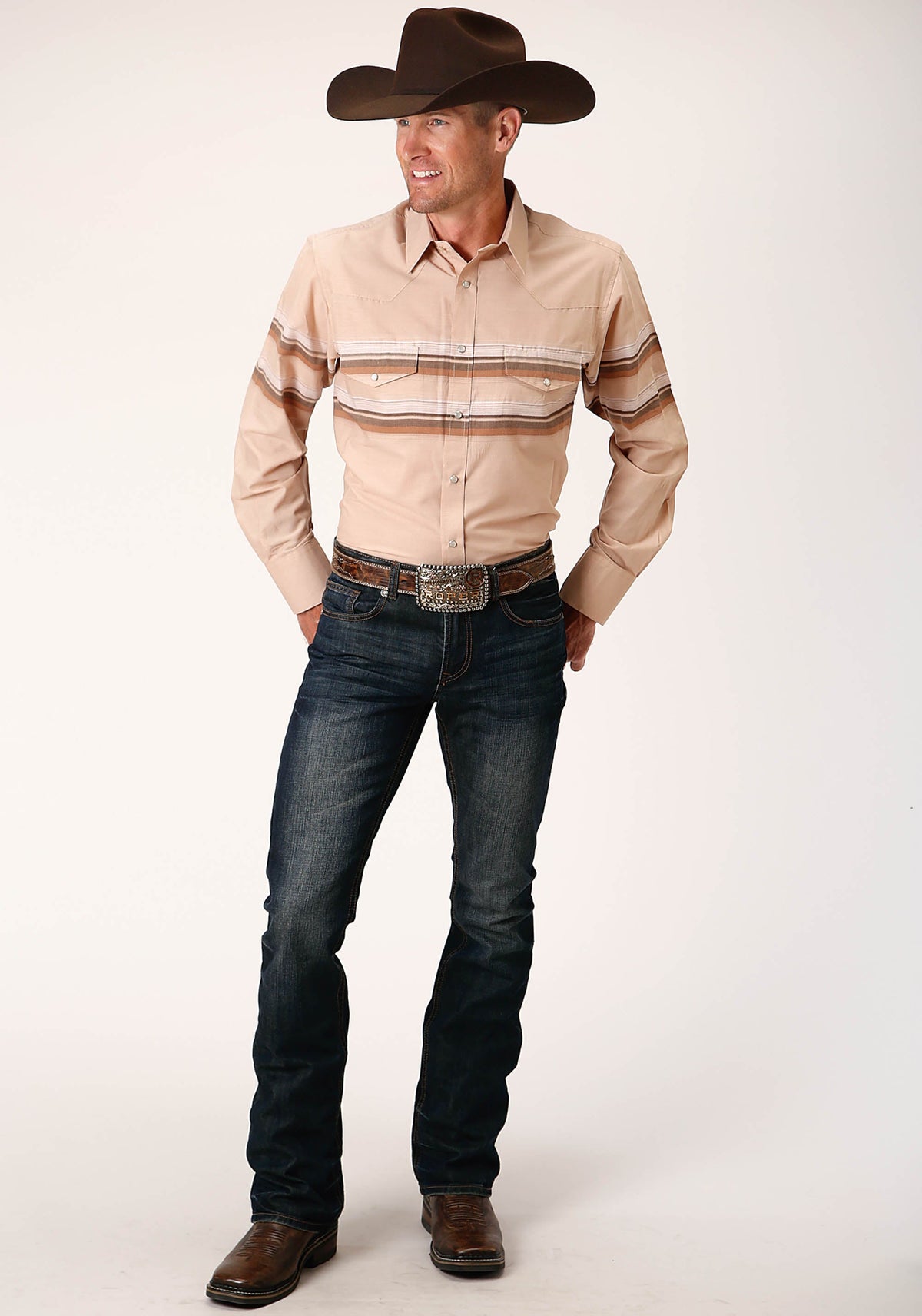 Roper Mens Long Sleeve Snap Tan And Brown Border Stripe Western Shirt - Flyclothing LLC