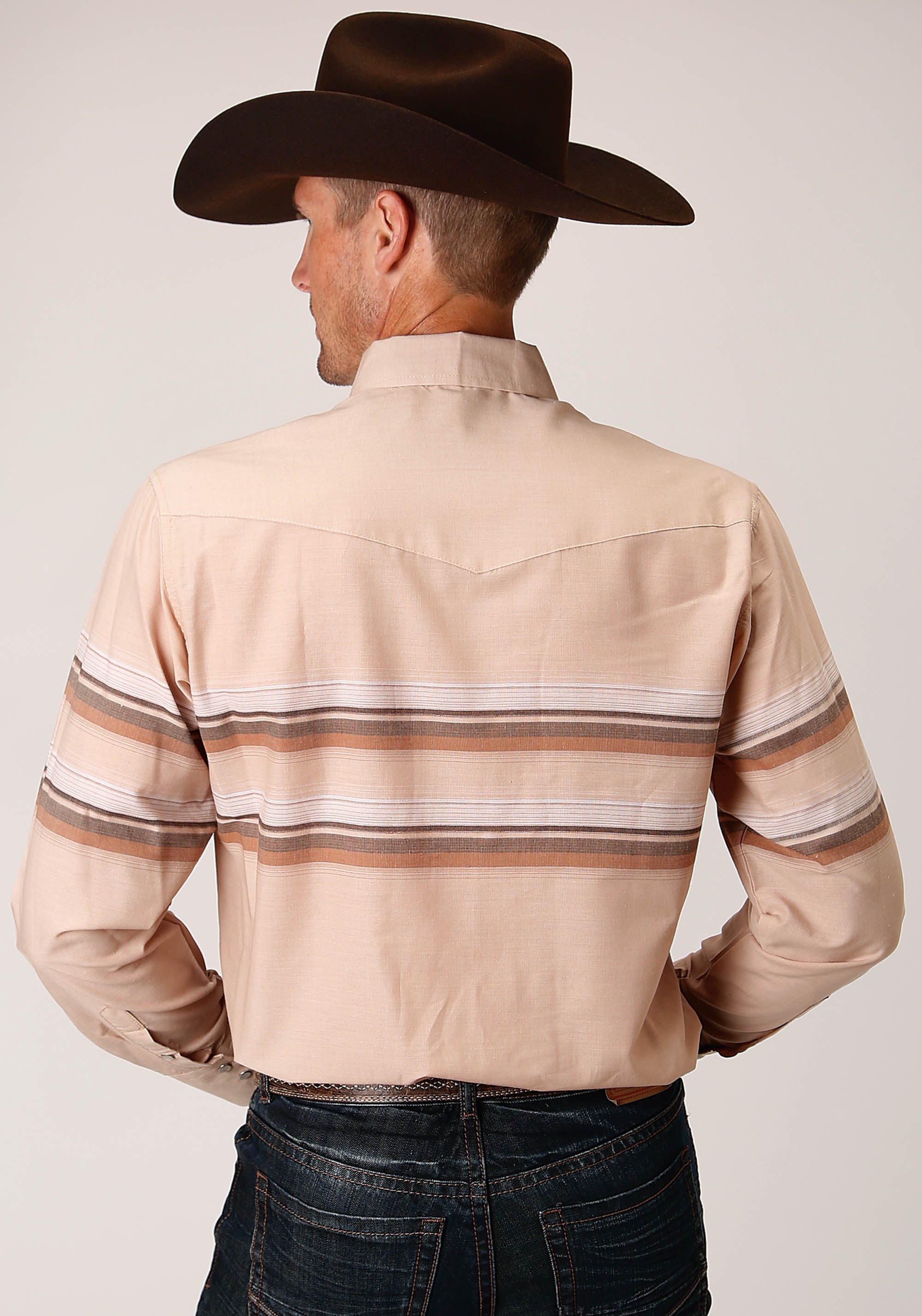 Roper Mens Long Sleeve Snap Tan And Brown Border Stripe Western Shirt - Flyclothing LLC