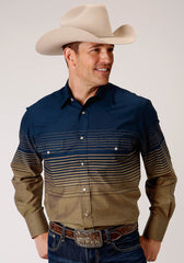 Roper Mens Long Sleeve Snap Navy And Khaki Border Stripe Western Shirt