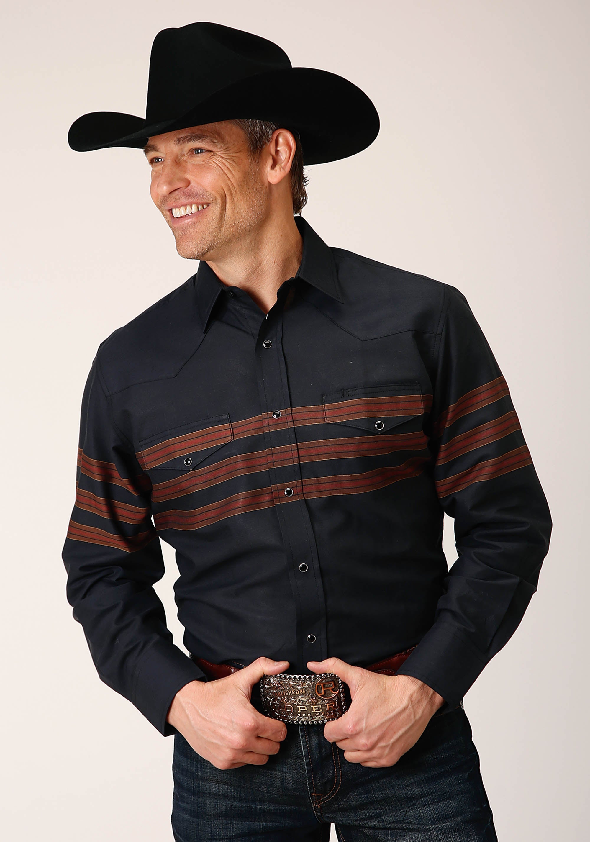 Roper Mens Long Sleeve Snap Black W Saddle Brown Border Stripe Western Shirt