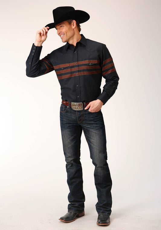 Roper Mens Long Sleeve Snap Black W Saddle Brown Border Stripe Western Shirt - Flyclothing LLC