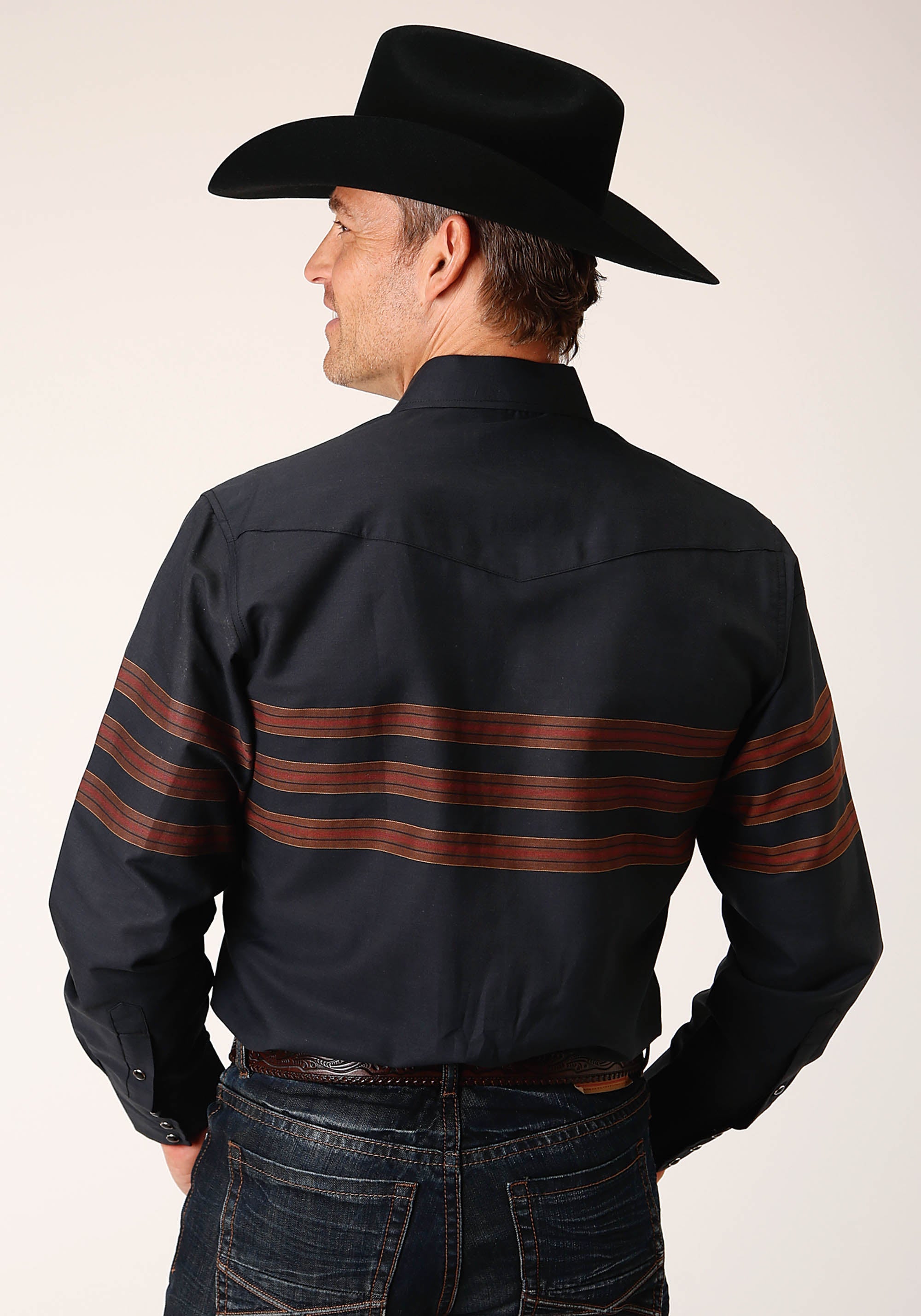 Roper Mens Long Sleeve Snap Black W Saddle Brown Border Stripe Western Shirt
