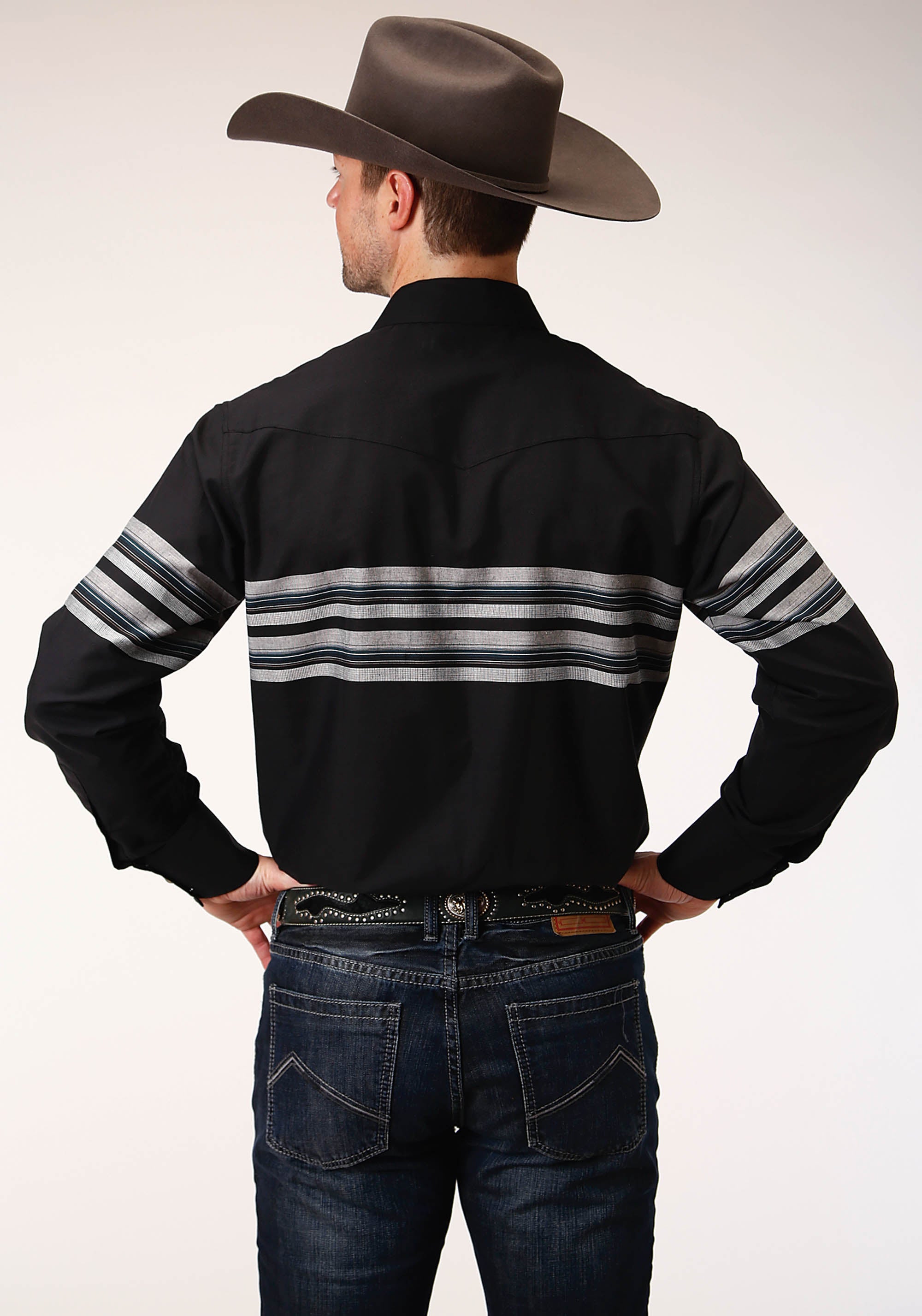 Roper Mens Long Sleeve Snap Black And Grey Border Stripe Western Shirt