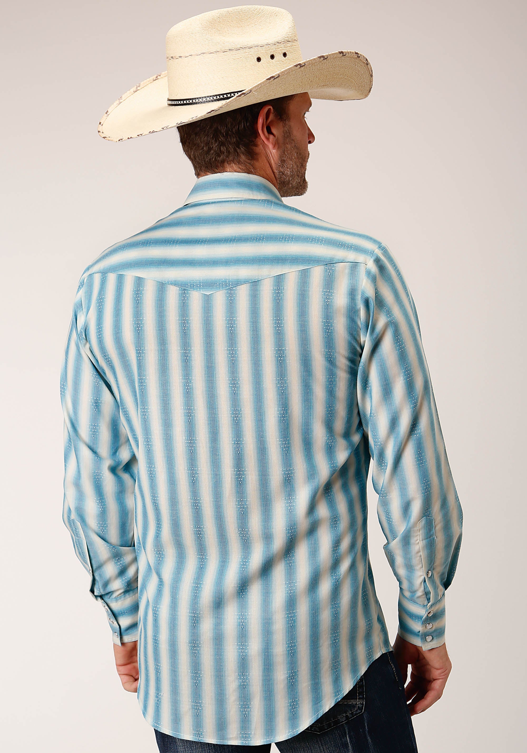 Roper Mens Long Sleeve Snap Aqua And Cream Ombre Stripe Western Shirt - Flyclothing LLC