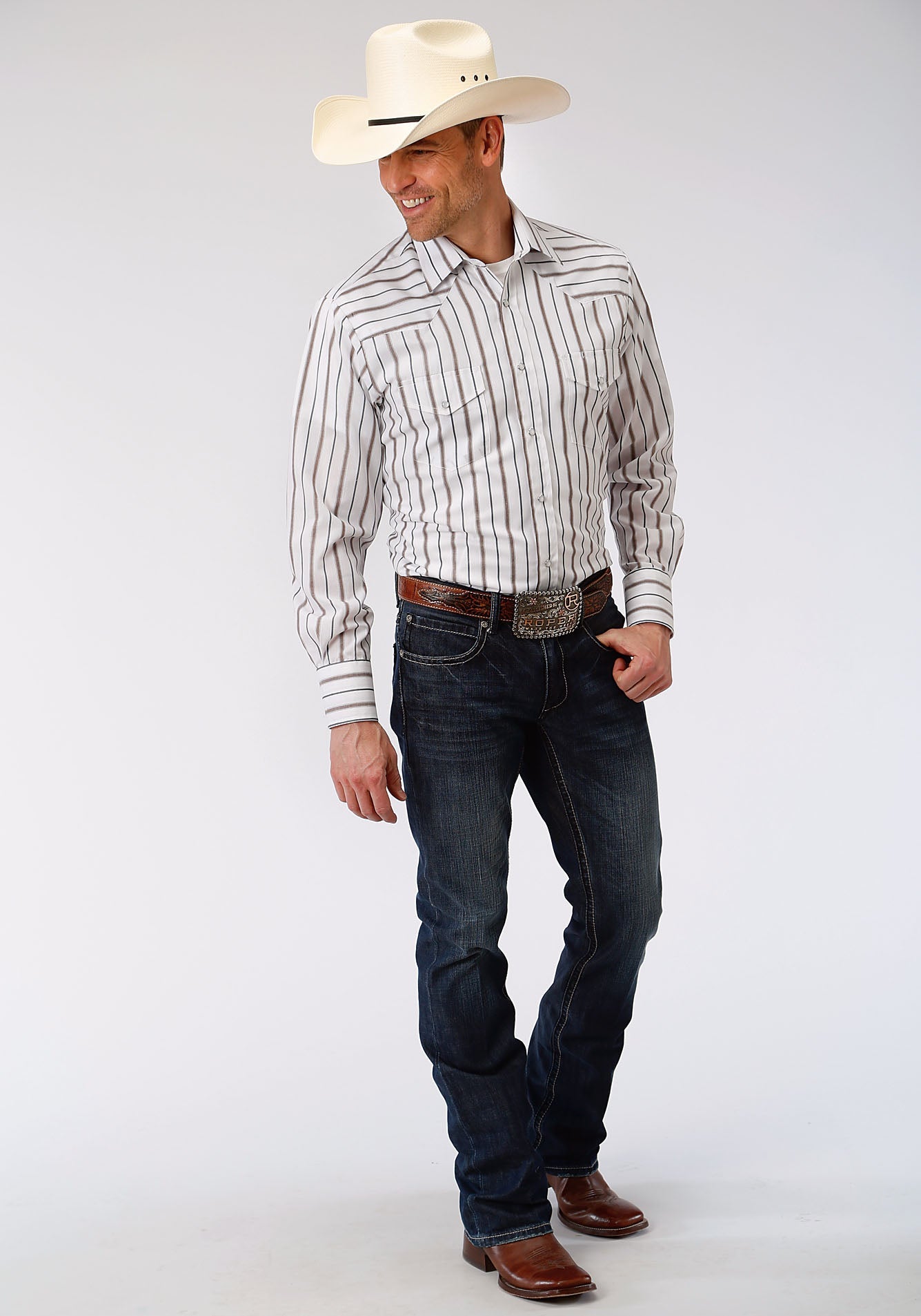 Roper Mens Brown And Grey Wide Stripe Long Sleeve Snap Western Shirt - Flyclothing LLC