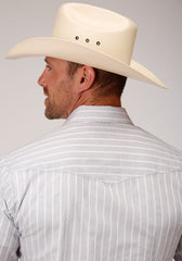 Roper Mens Grey Red And White Stripe Long Sleeve Snap Western Shirt - Flyclothing LLC