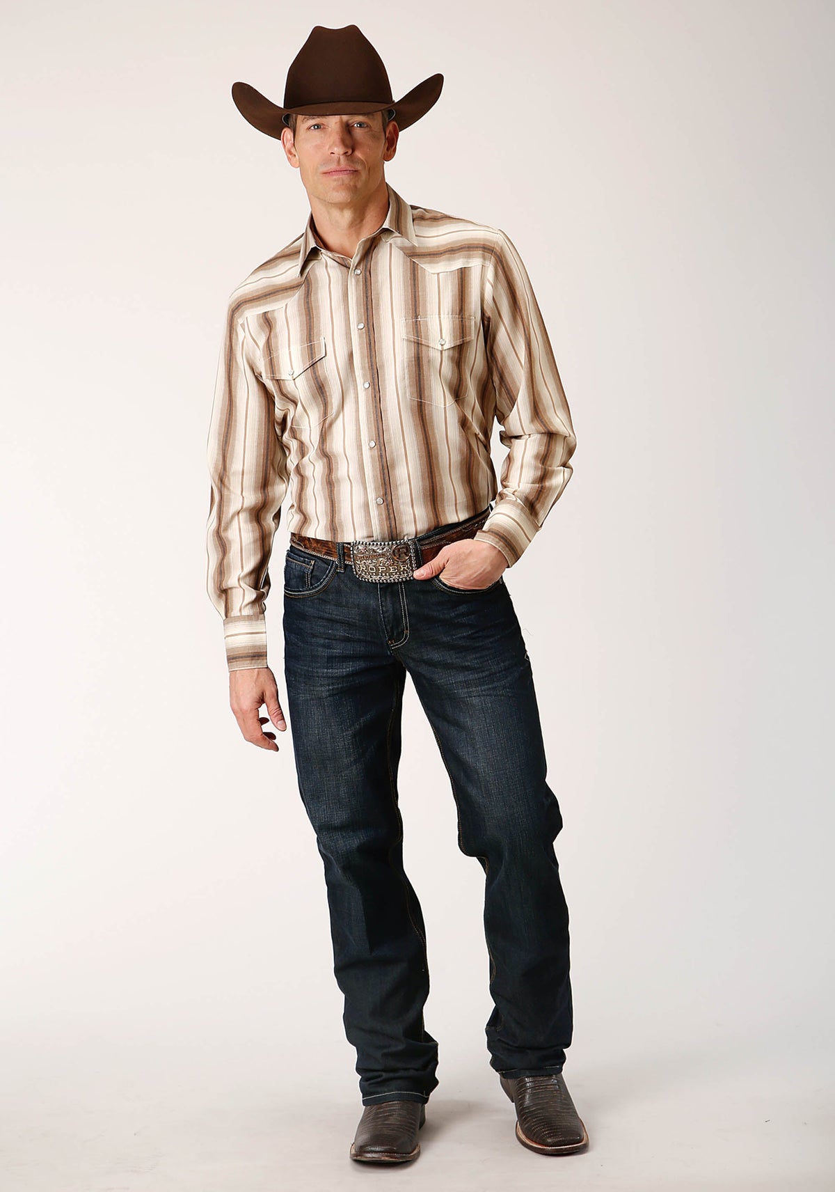 Roper Mens Long Sleeve Snap Brown And Cream Ombre Stripe Western Shirt - Flyclothing LLC