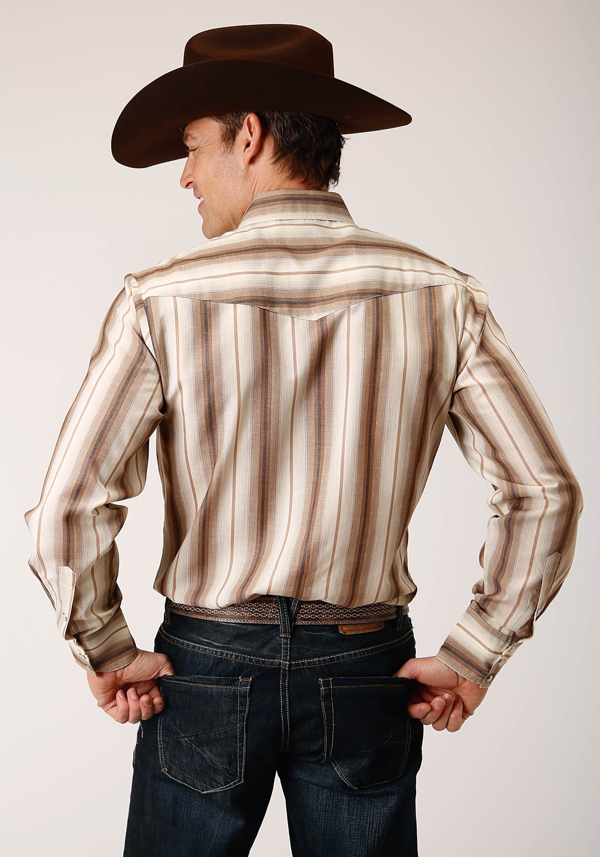 Roper Mens Long Sleeve Snap Brown And Cream Ombre Stripe Western Shirt - Flyclothing LLC