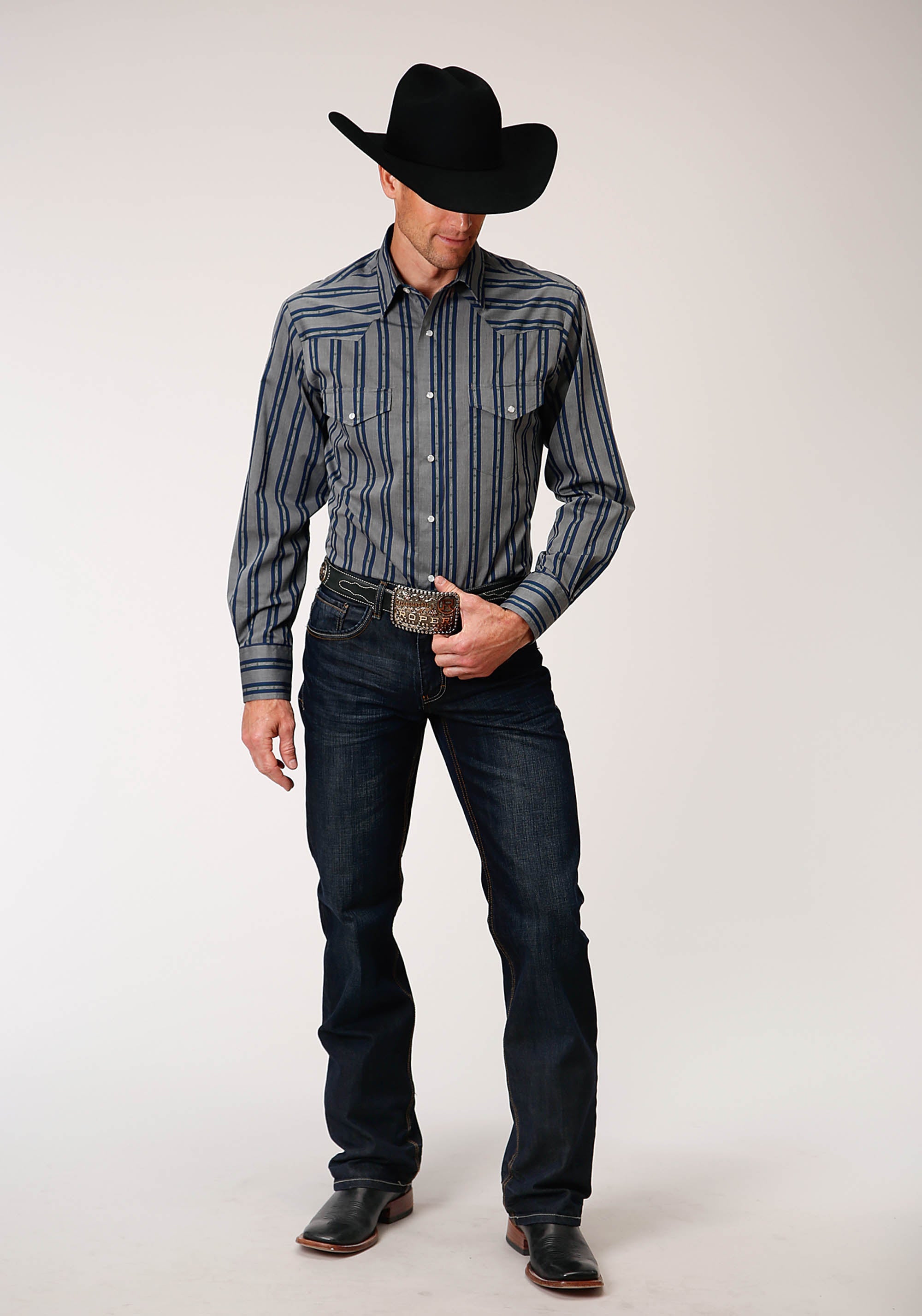 Roper Mens Long Sleeve Snap Wide Blue Dobby Stripe Western Shirt - Flyclothing LLC