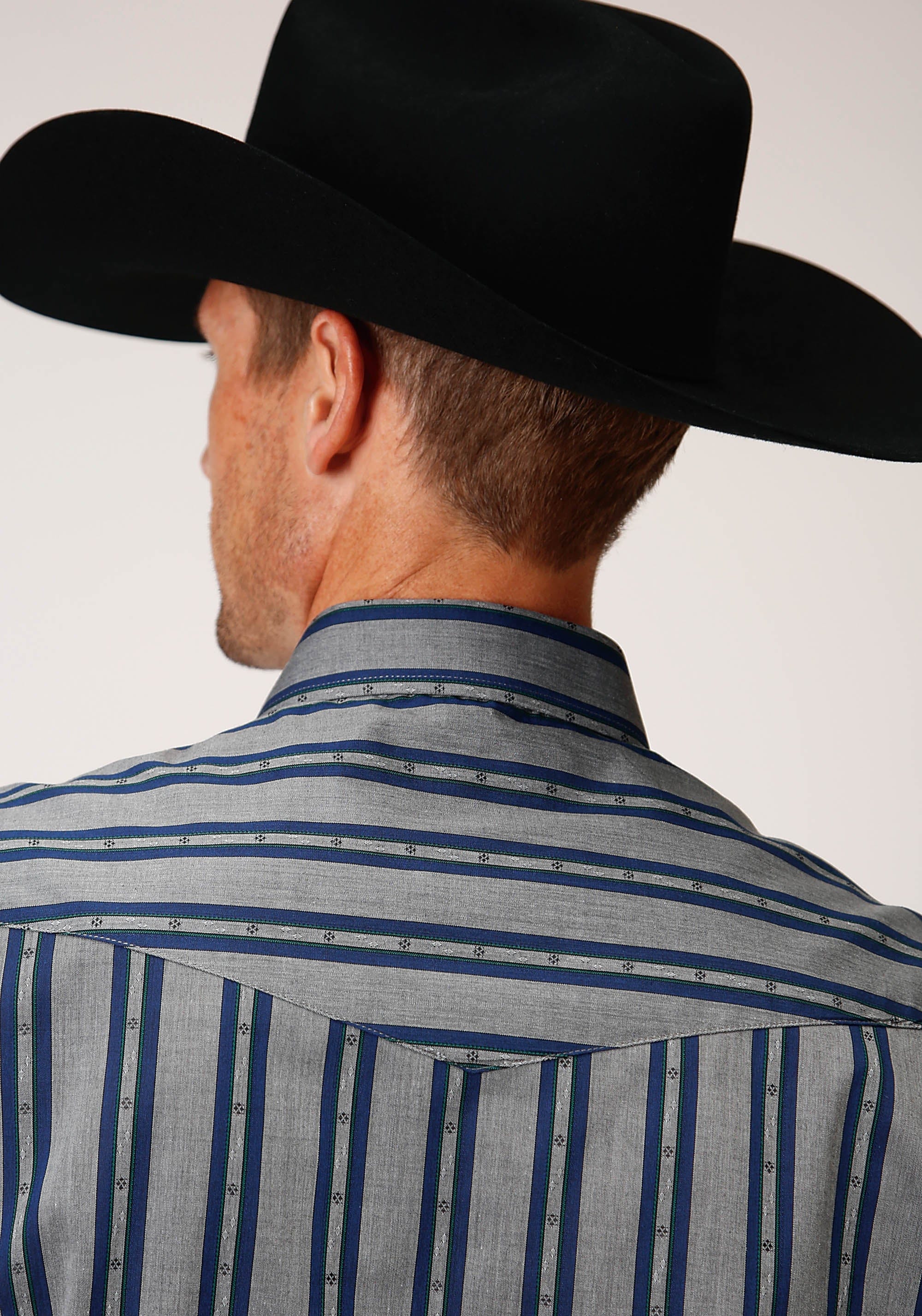 Roper Mens Long Sleeve Snap Wide Blue Dobby Stripe Western Shirt - Flyclothing LLC