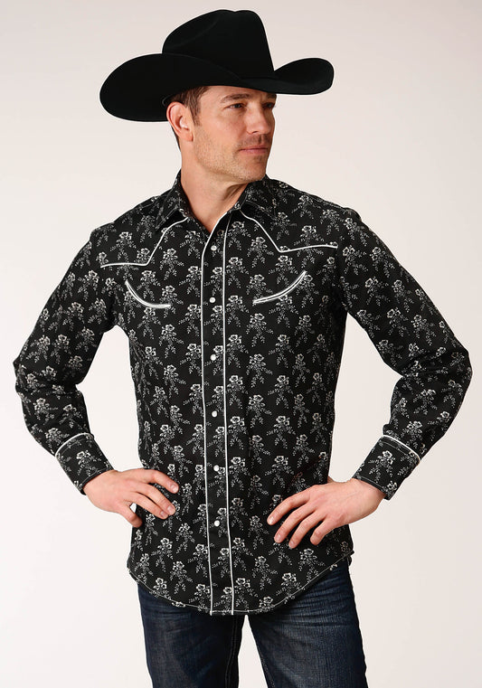 Roper Mens Long Sleeve Snap Black And Cream Floral Print Western Shirt