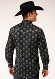 Roper Mens Long Sleeve Snap Black And Cream Floral Print Western Shirt - Flyclothing LLC