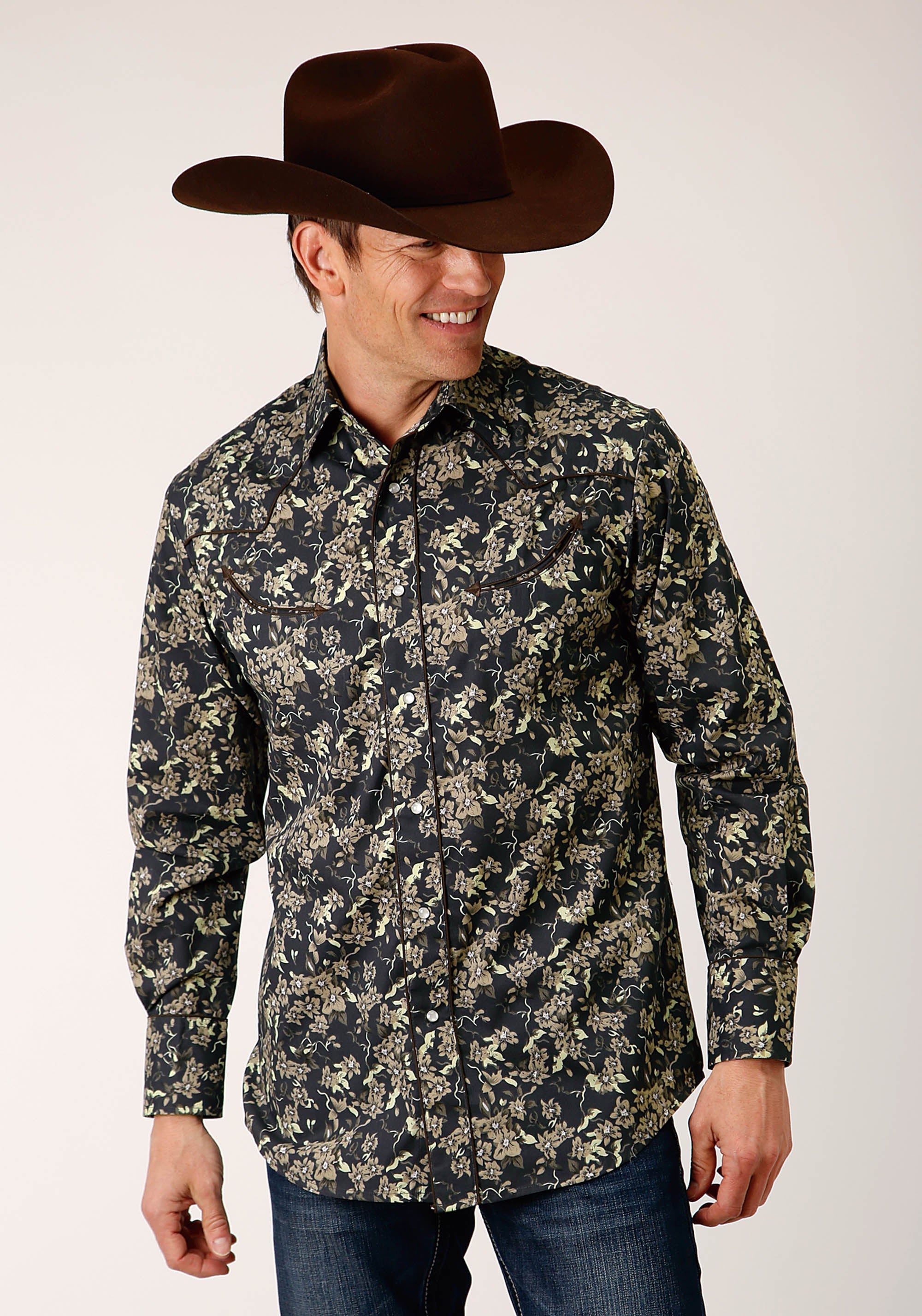 Roper Mens Long Sleeve Snap Vintage Dark Floral Print Western Shirt