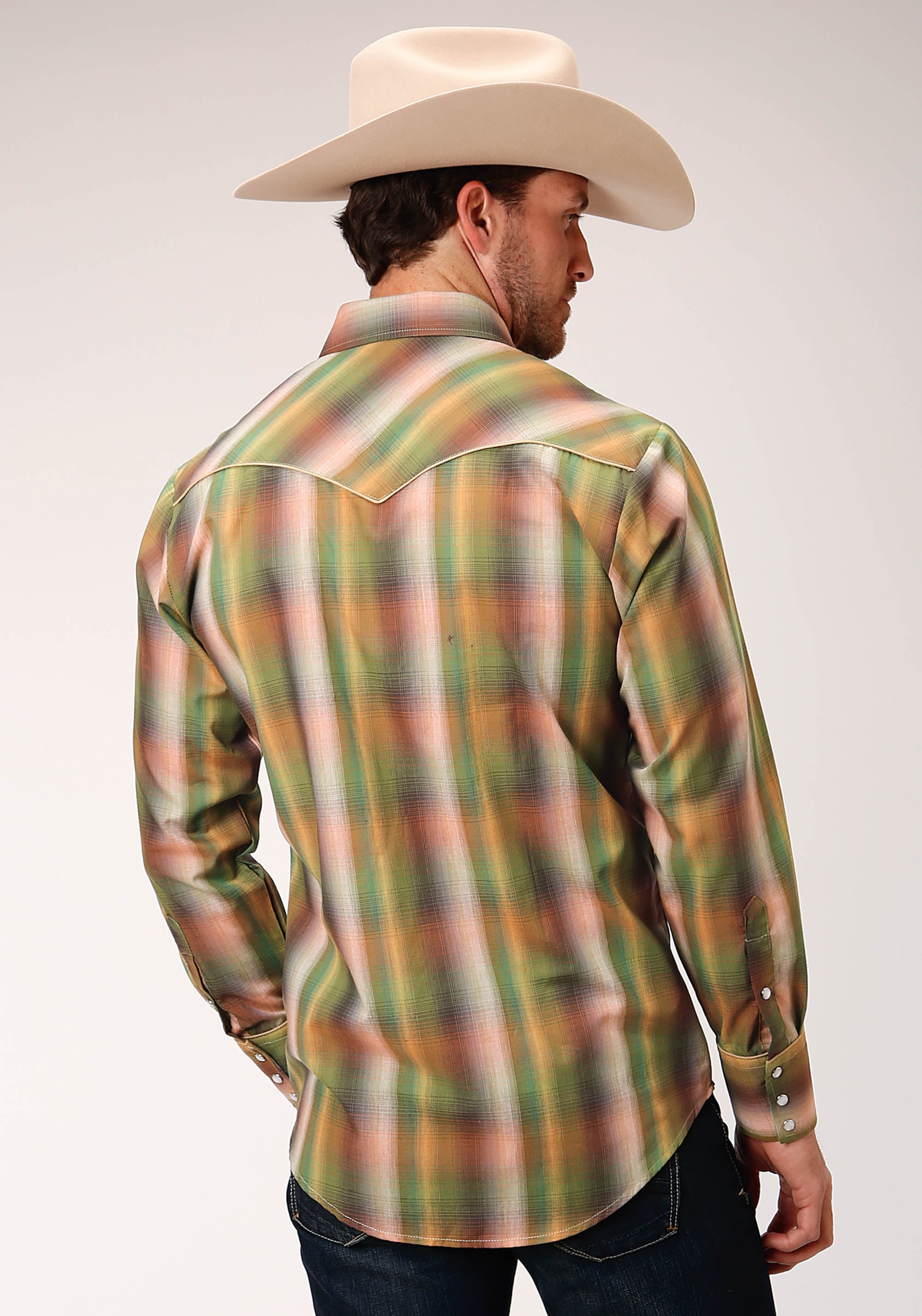 Roper Men's Green Ombre Plaid Fancy Yoke Long Sleeve Western Shirt