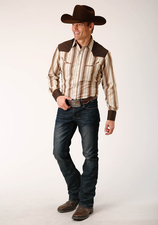 Roper Mens Long Sleeve Snap Brown And Cream Ombre Stripe Western Shirt - Flyclothing LLC