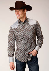 Roper Mens Long Sleeve Snap Chocolate And Cream Teardrop Print Western Shirt