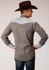 Roper Mens Long Sleeve Snap Chocolate And Cream Teardrop Print Western Shirt - Flyclothing LLC