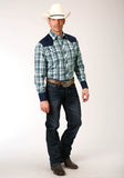 Roper Mens Long Sleeve Snap Olive Blue Cream Plaid Western Shirt - Flyclothing LLC