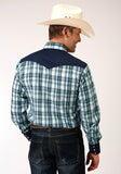 Roper Mens Long Sleeve Snap Olive Blue Cream Plaid Western Shirt - Flyclothing LLC