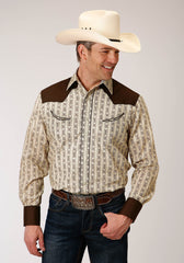 Roper Mens Long Sleeve Snap Cream And Brown Wallpaper Stripe Western Shirt - Roper