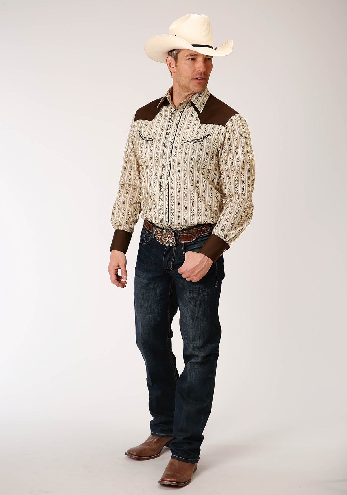 Roper Mens Long Sleeve Snap Cream And Brown Wallpaper Stripe Western Shirt - Flyclothing LLC